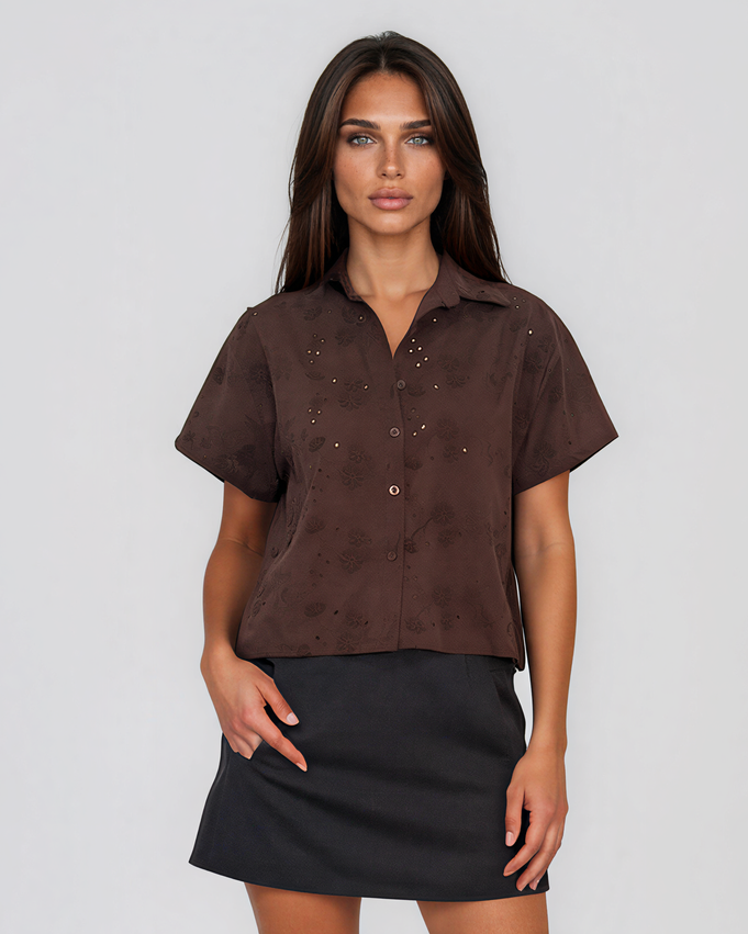 Cămașă cu mânecă scurtă și broderie spartă maro HL113