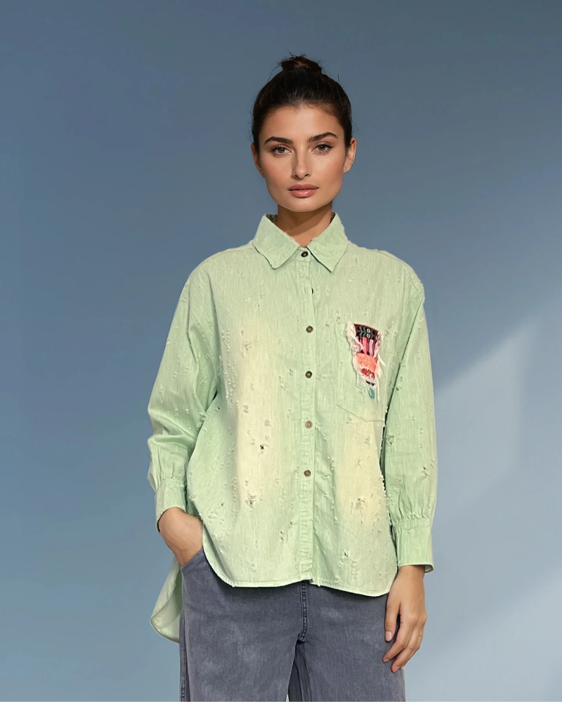 Cămașă damă stil jeans cu buzunar colorat aqua HL034