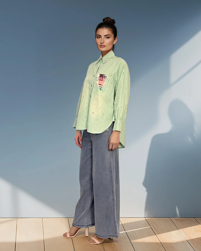 Cămașă damă stil jeans cu buzunar colorat aqua HL034