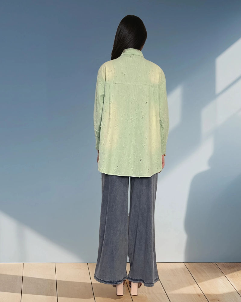 Cămașă damă stil jeans cu buzunar colorat aqua HL034