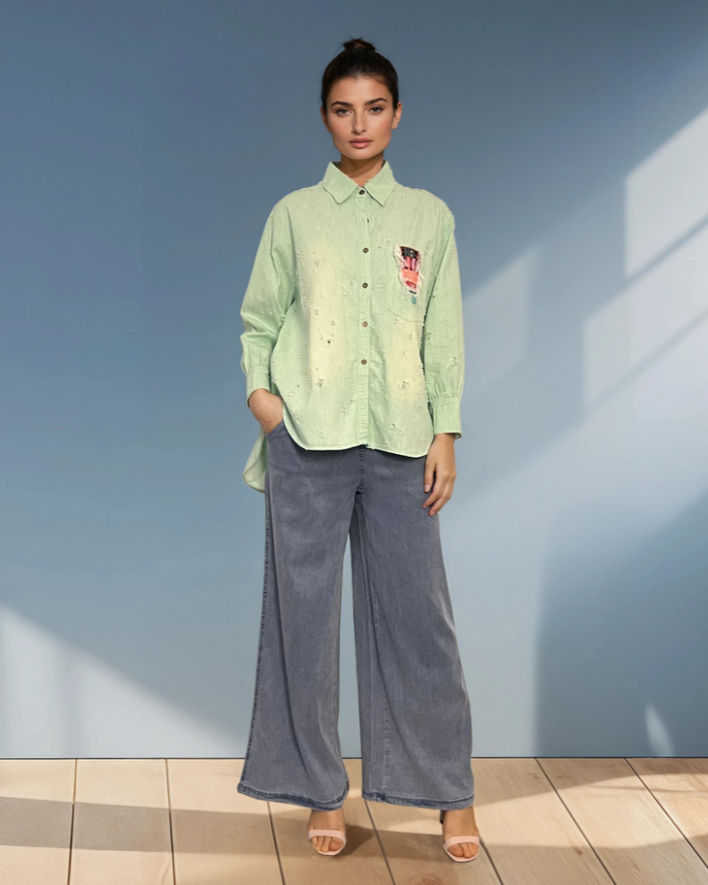 Cămașă damă stil jeans cu buzunar colorat aqua HL034