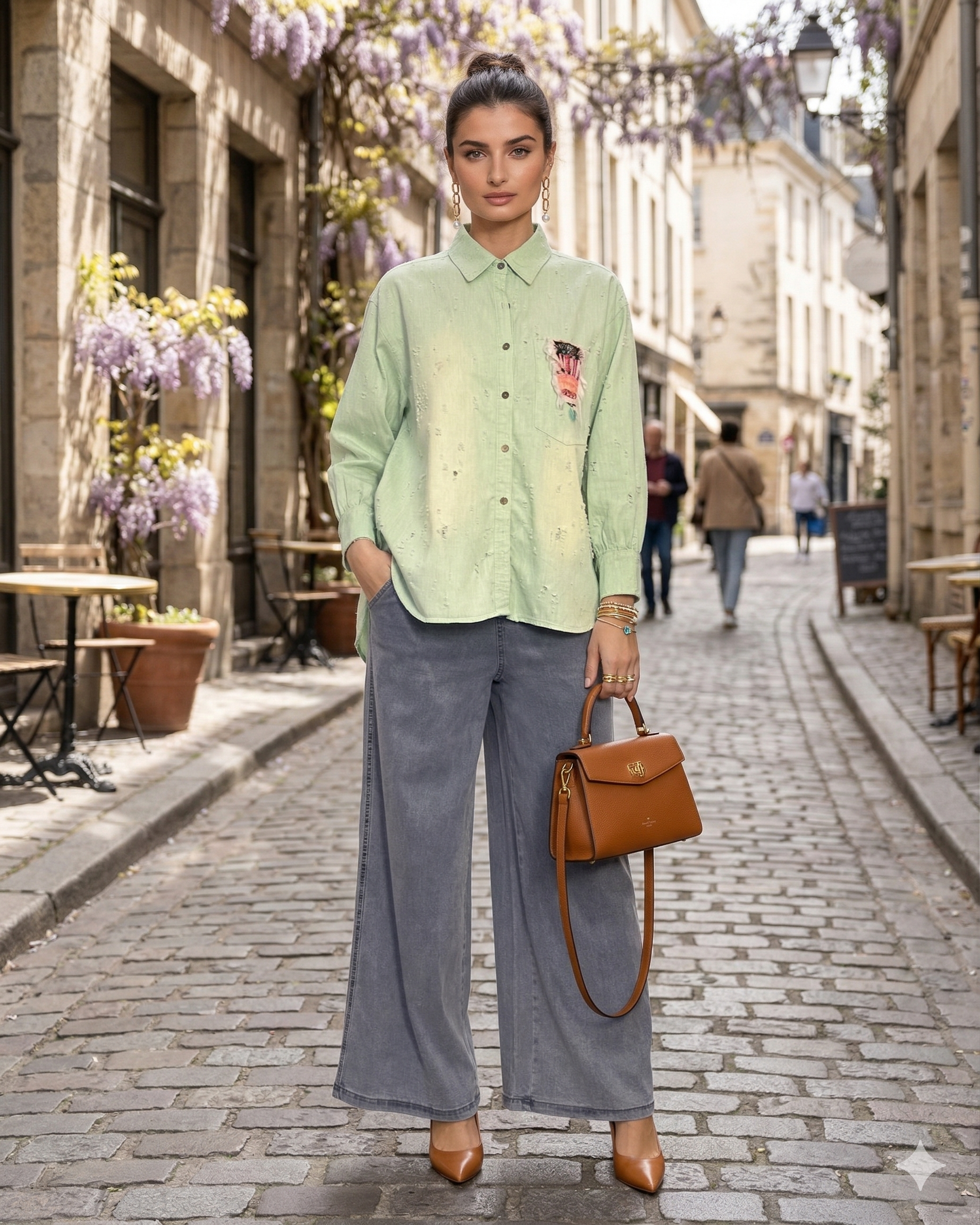 Cămașă damă stil jeans cu buzunar colorat aqua HL034