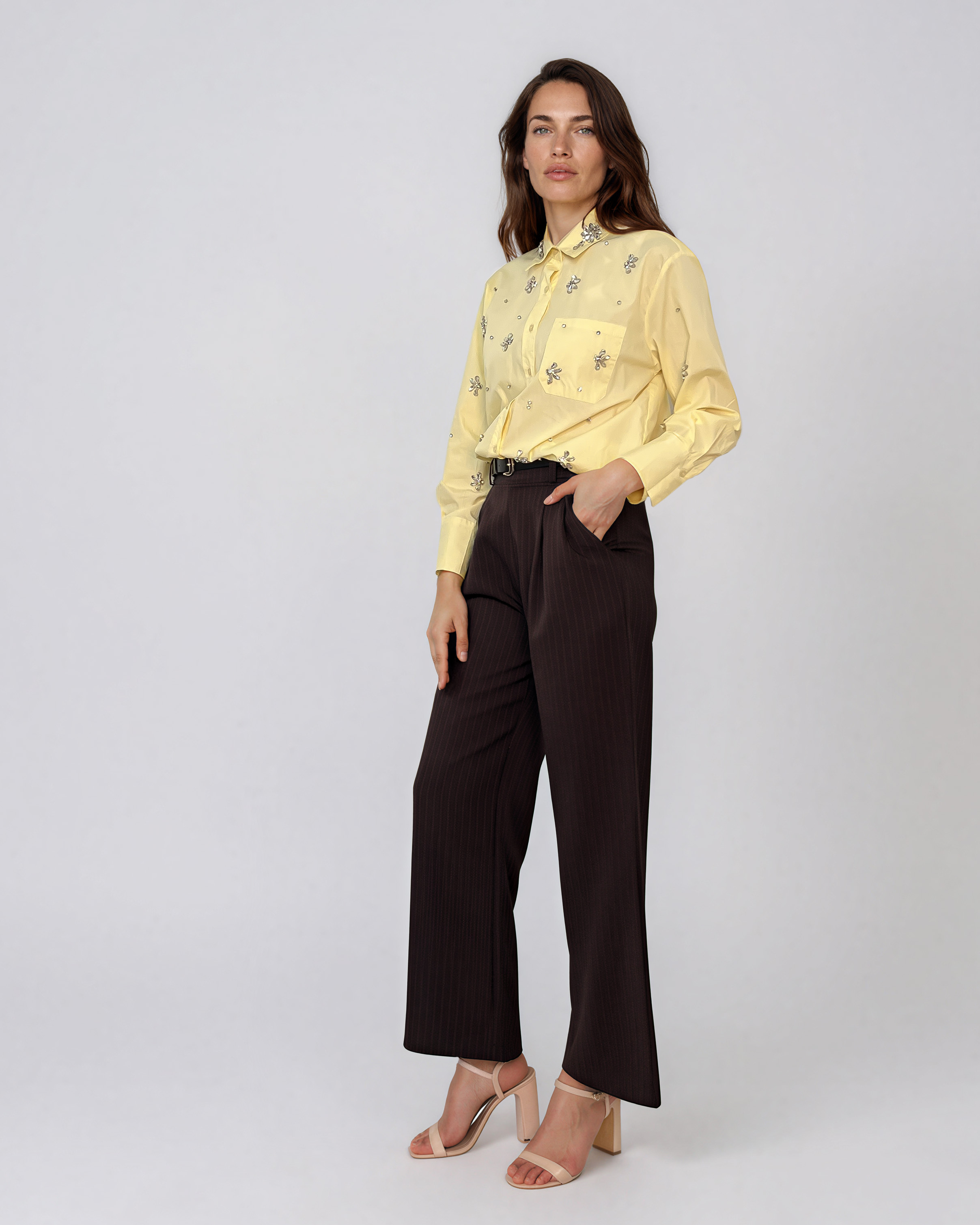 Cămaşă din bumbac cu broderie florală galben LM029