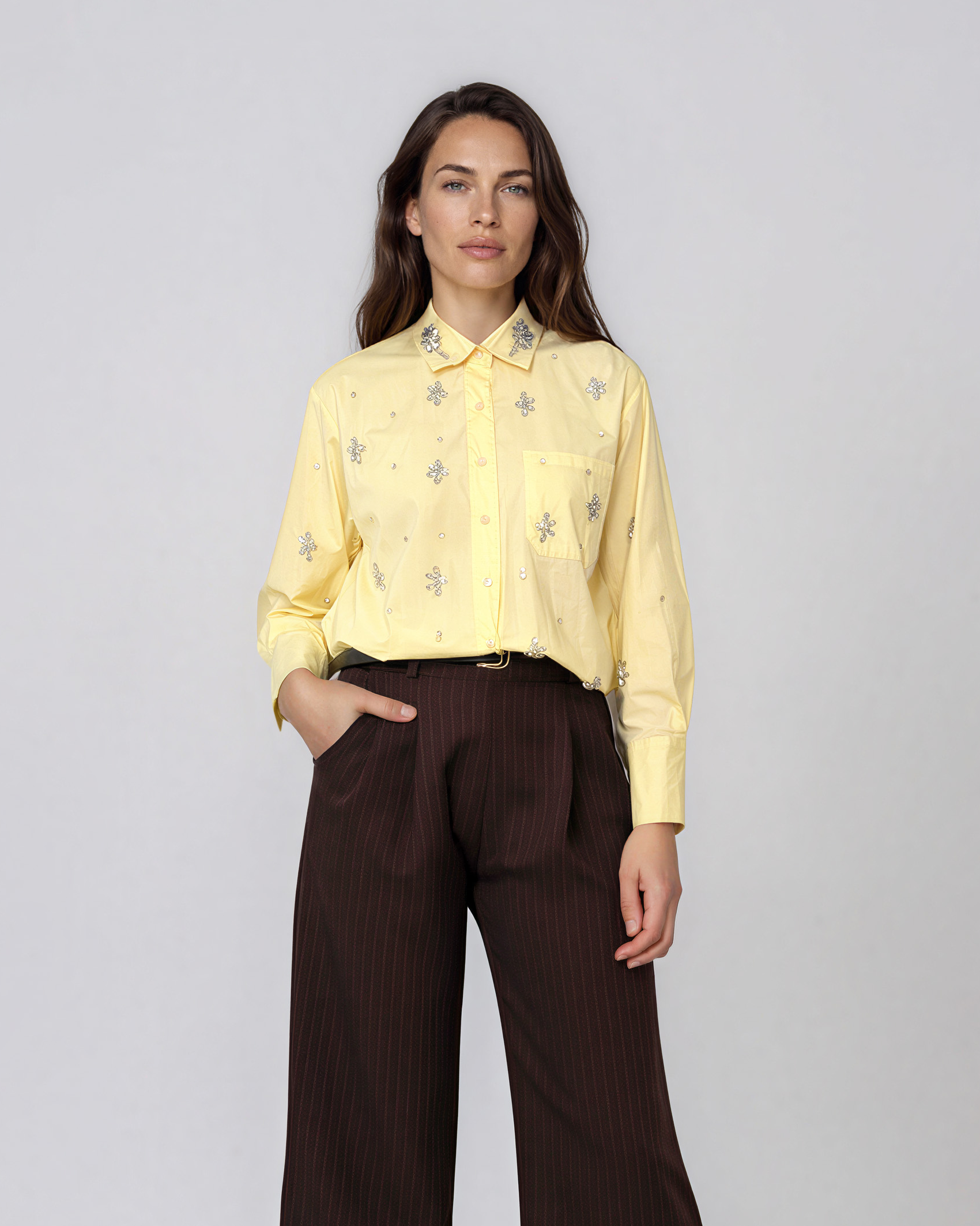 Cămaşă din bumbac cu broderie florală galben LM029