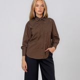 Cămaşă din bumbac cu broderie florală maro LM029
