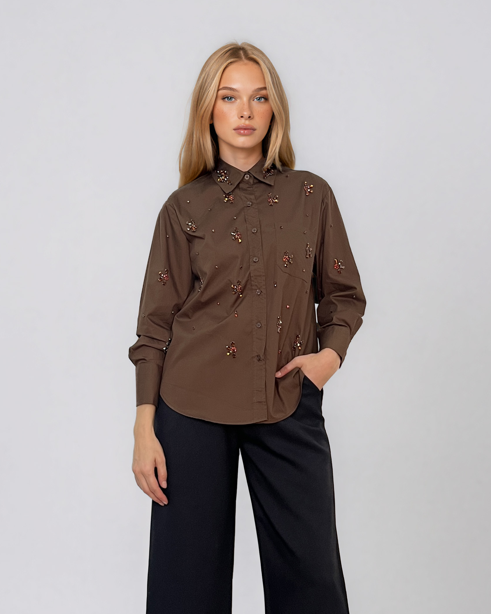 Cămaşă din bumbac cu broderie florală maro LM029