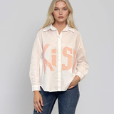 Cămașă din bumbac oversize cu broderie KISS alb 