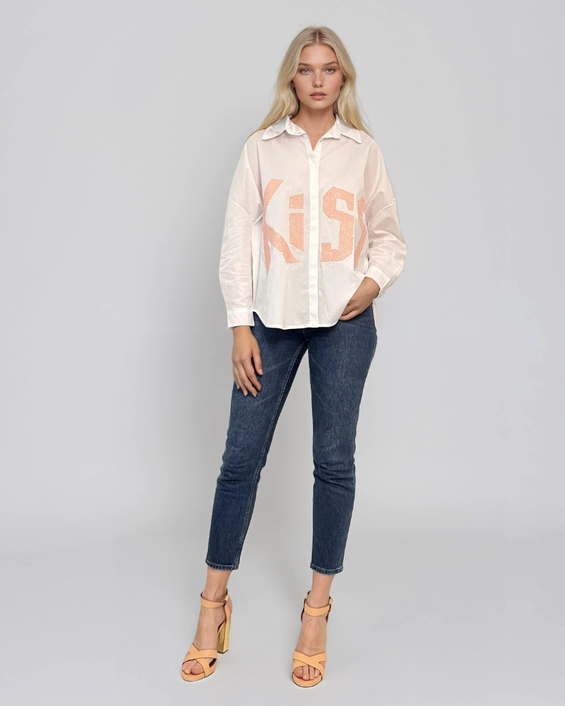Cămașă din bumbac oversize cu broderie KISS alb 