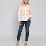 Cămașă din bumbac oversize cu broderie KISS alb 