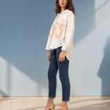 Cămașă din bumbac oversize cu broderie KISS alb 