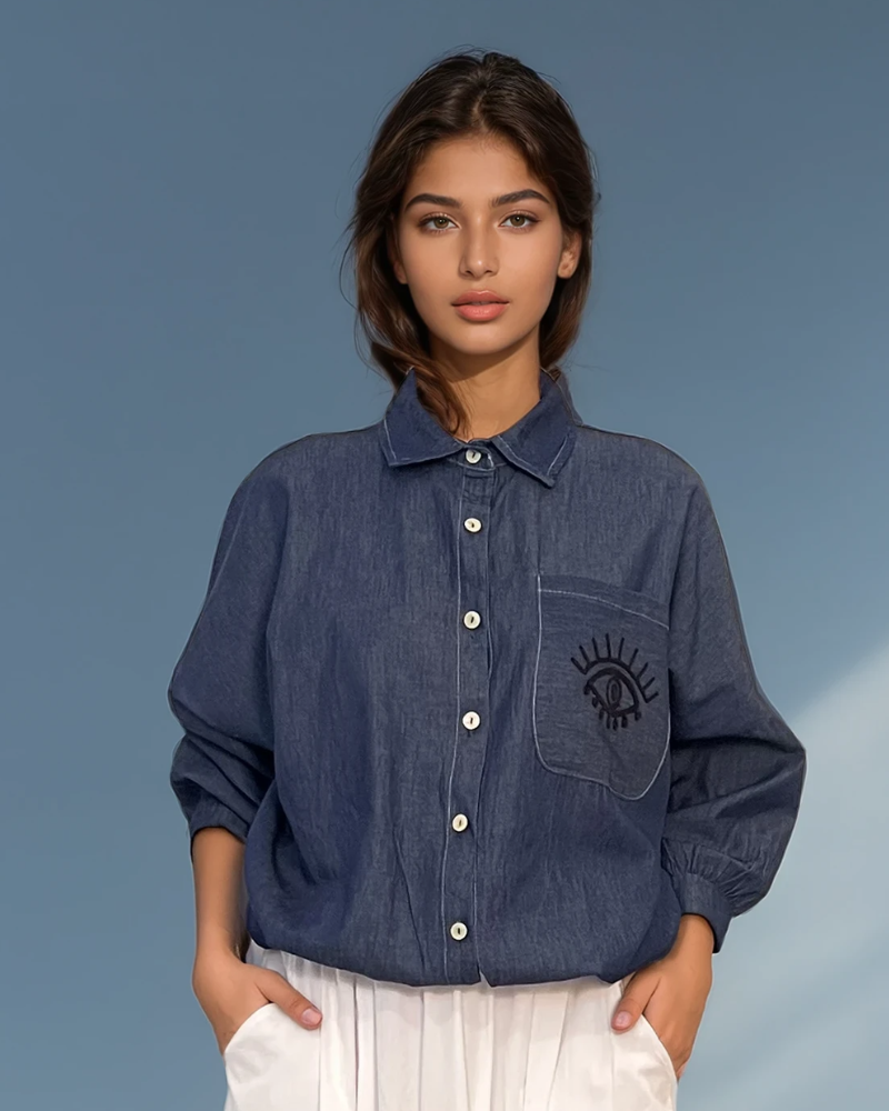 Cămașă din denim cu mânecă lungă și broderie pe spate bleumarin PR821