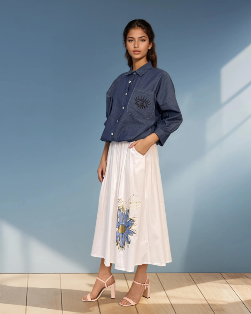 Cămașă din denim cu mânecă lungă și broderie pe spate bleumarin PR821