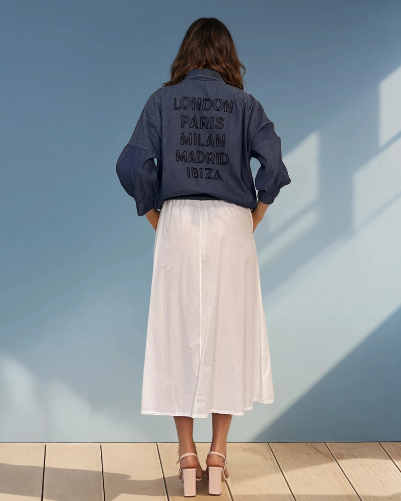Cămașă din denim cu mânecă lungă și broderie pe spate bleumarin PR821