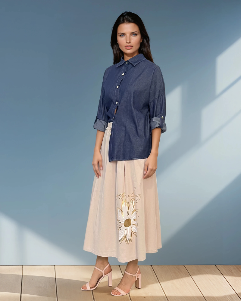 Cămașă din denim largă cu mâneci lungi bleumarin PR820