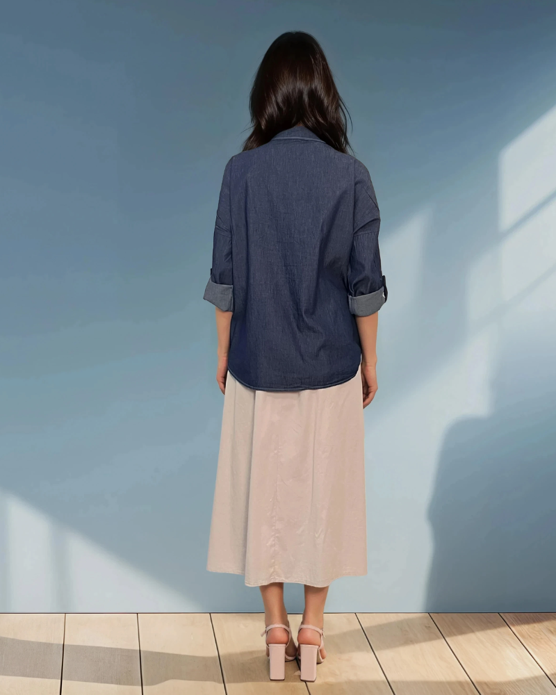 Cămașă din denim largă cu mâneci lungi bleumarin PR820