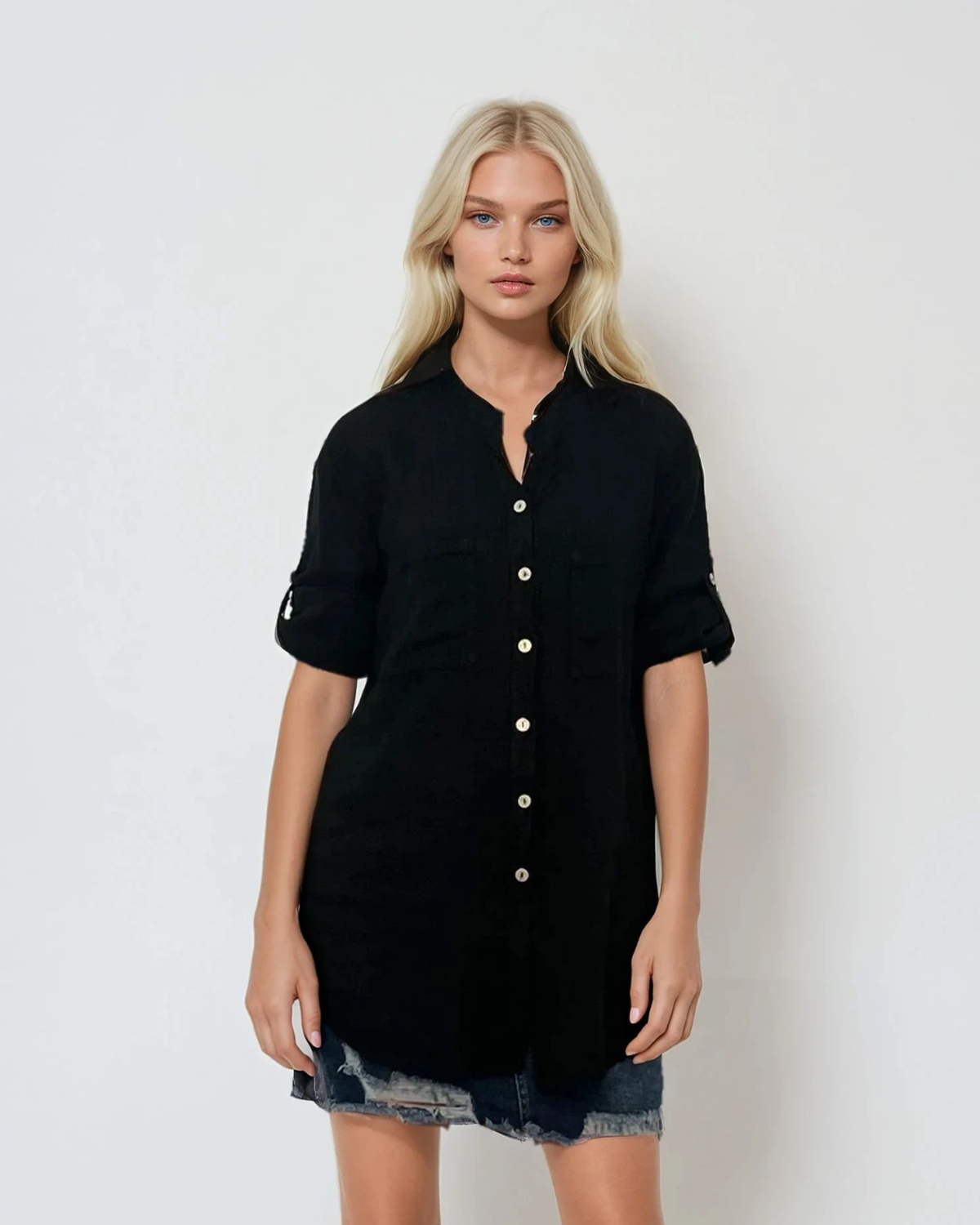 Cămașă din in cu guler tunică și broderie fluture negru 