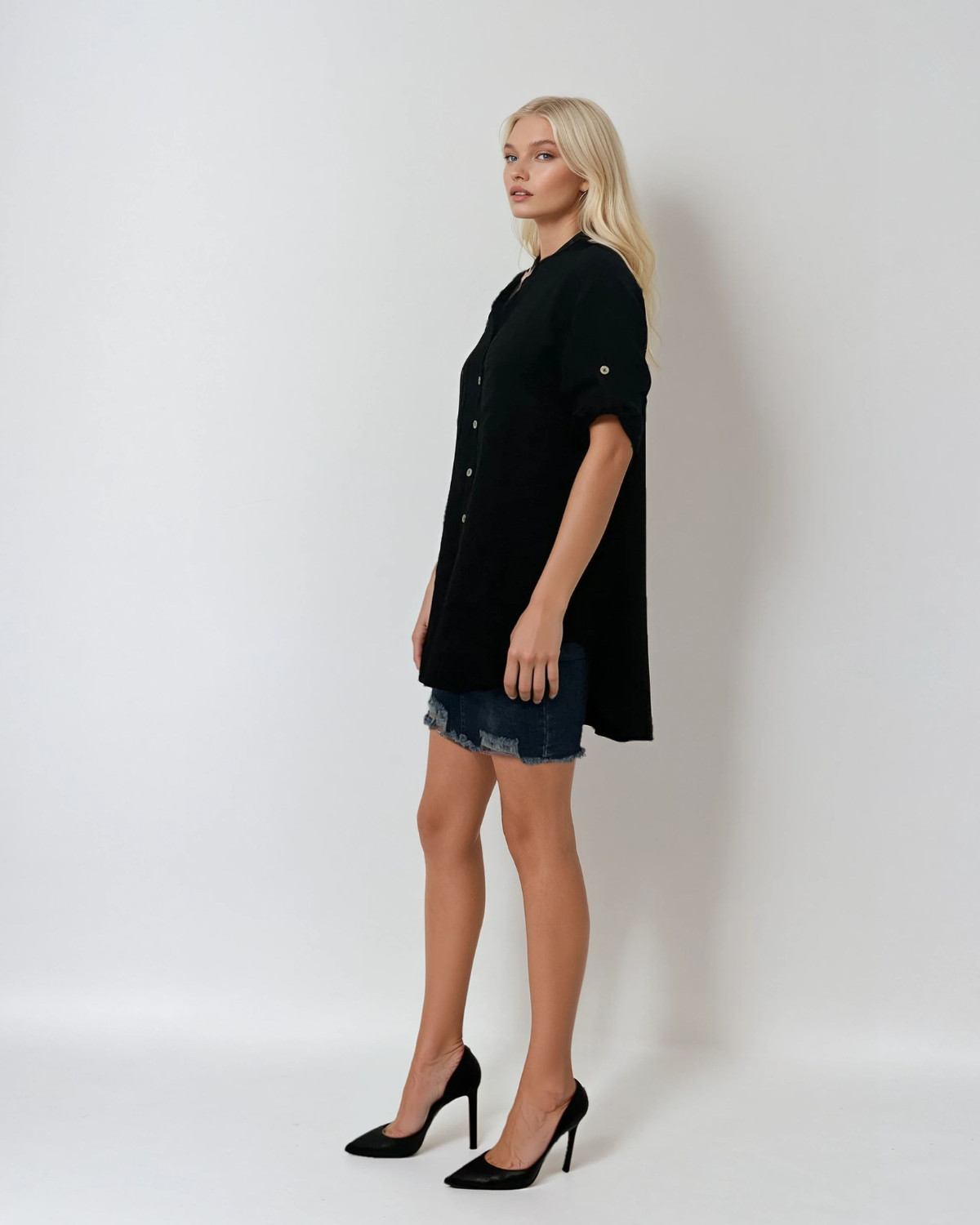 Cămașă din in cu guler tunică și broderie fluture negru 
