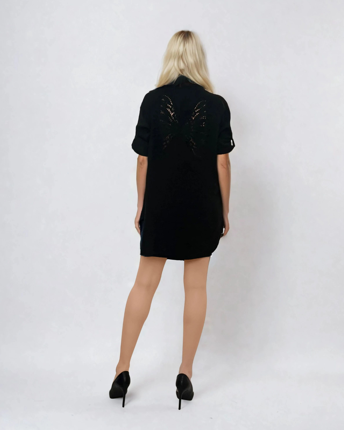 Cămașă din in cu guler tunică și broderie fluture negru 