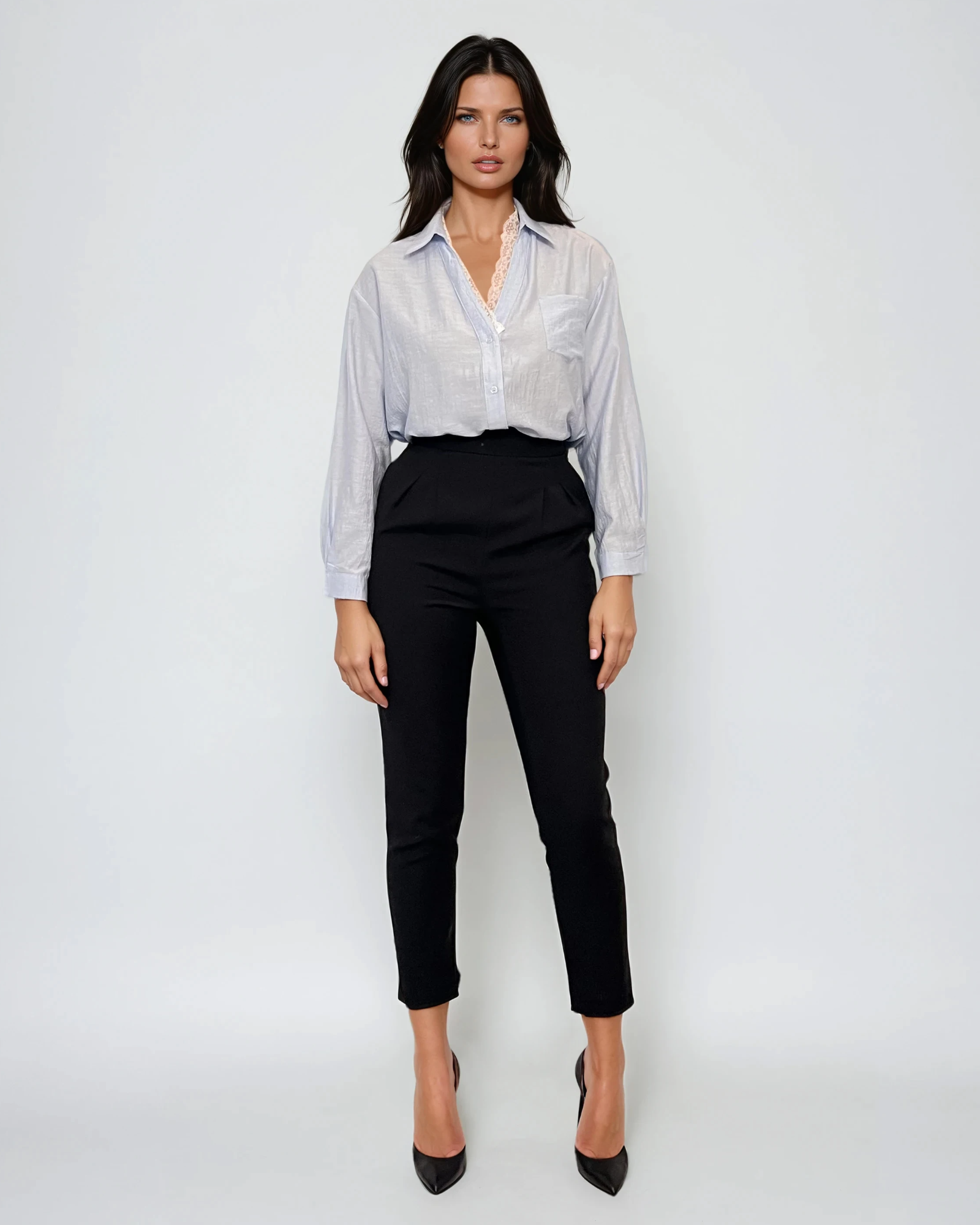 Cămașă elegantă din vâscoză subțire cu bandă de dantelă la gât bleu 