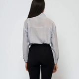 Cămașă elegantă din vâscoză subțire cu bandă de dantelă la gât bleu 
