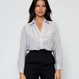 Cămașă elegantă din vâscoză subțire cu bandă de dantelă la gât bleu 