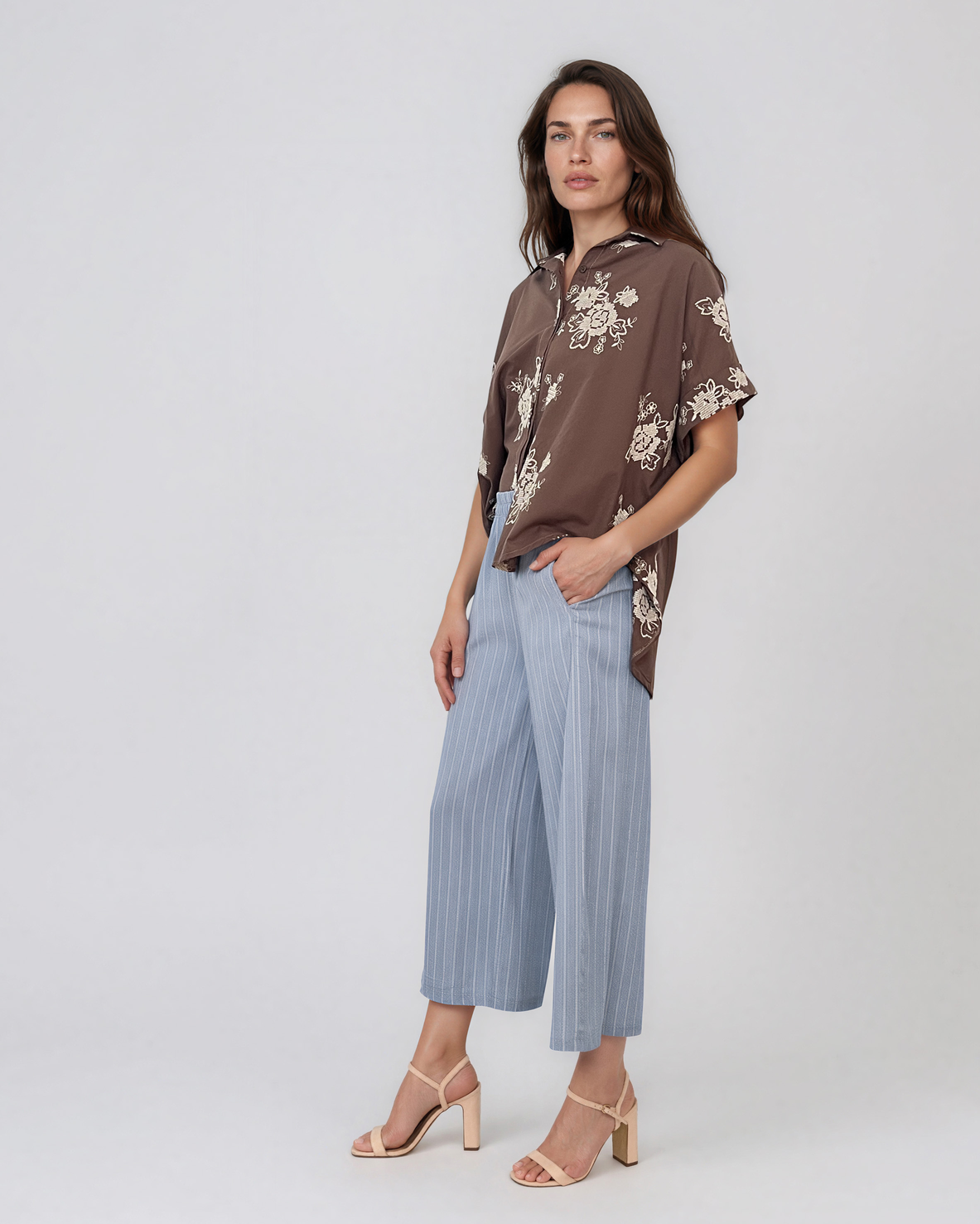 Cămașă lejeră din bumbac cu imprimeu floral maro HL170
