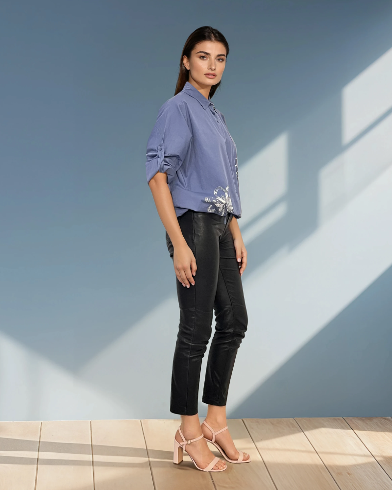 Cămașă mânecă fluture cu print argintiu albastru-jeans 