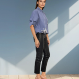 Cămașă mânecă fluture cu print argintiu albastru-jeans 