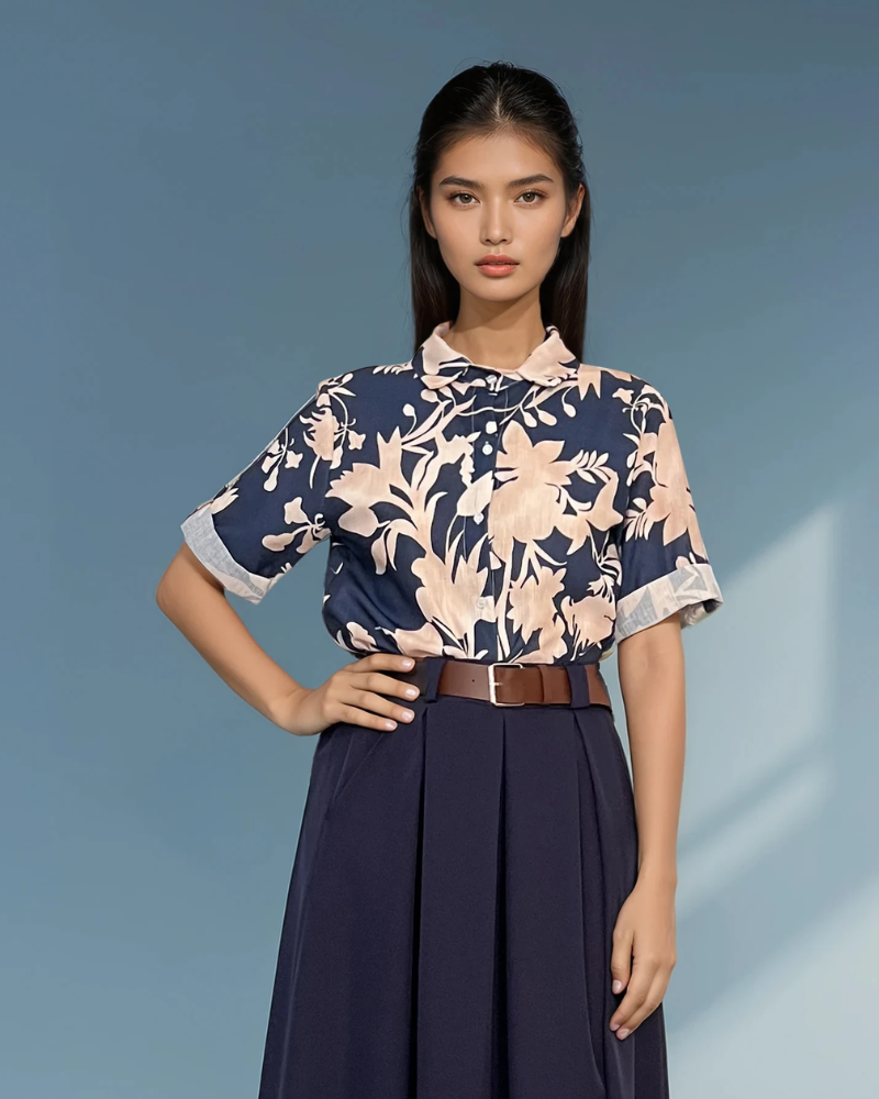 Cămașă mânecă scurtă cu print floral bleumarin HL032
