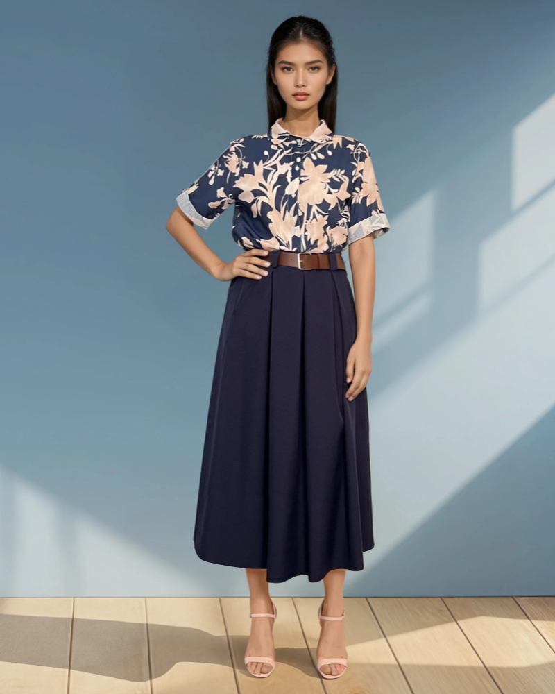 Cămașă mânecă scurtă cu print floral bleumarin HL032