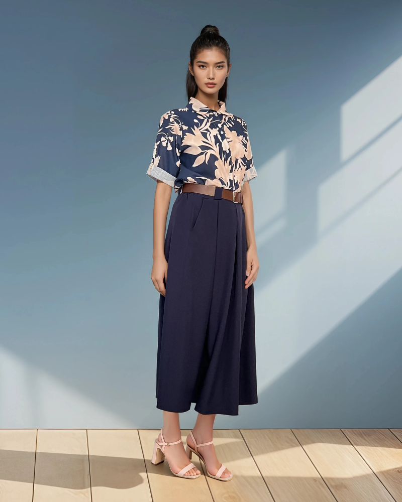 Cămașă mânecă scurtă cu print floral bleumarin HL032