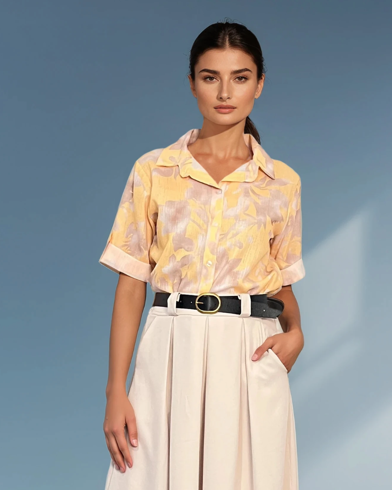Cămașă mânecă scurtă cu print floral galben HL032