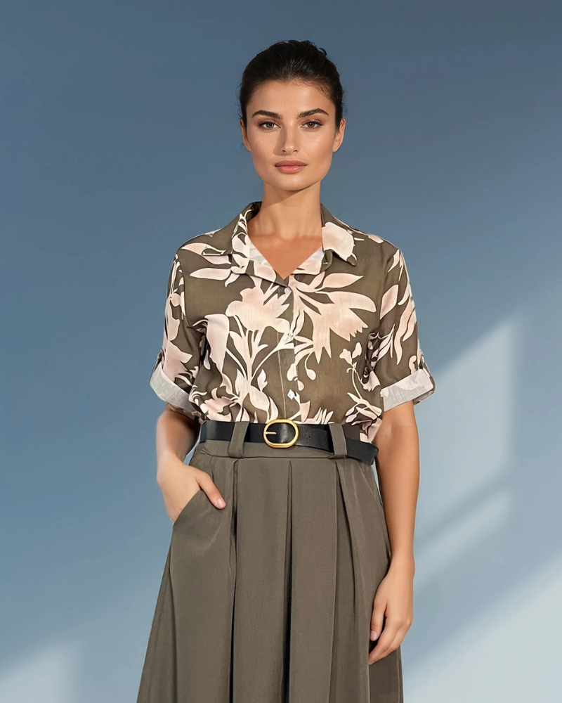Cămașă mânecă scurtă cu print floral kaki HL032