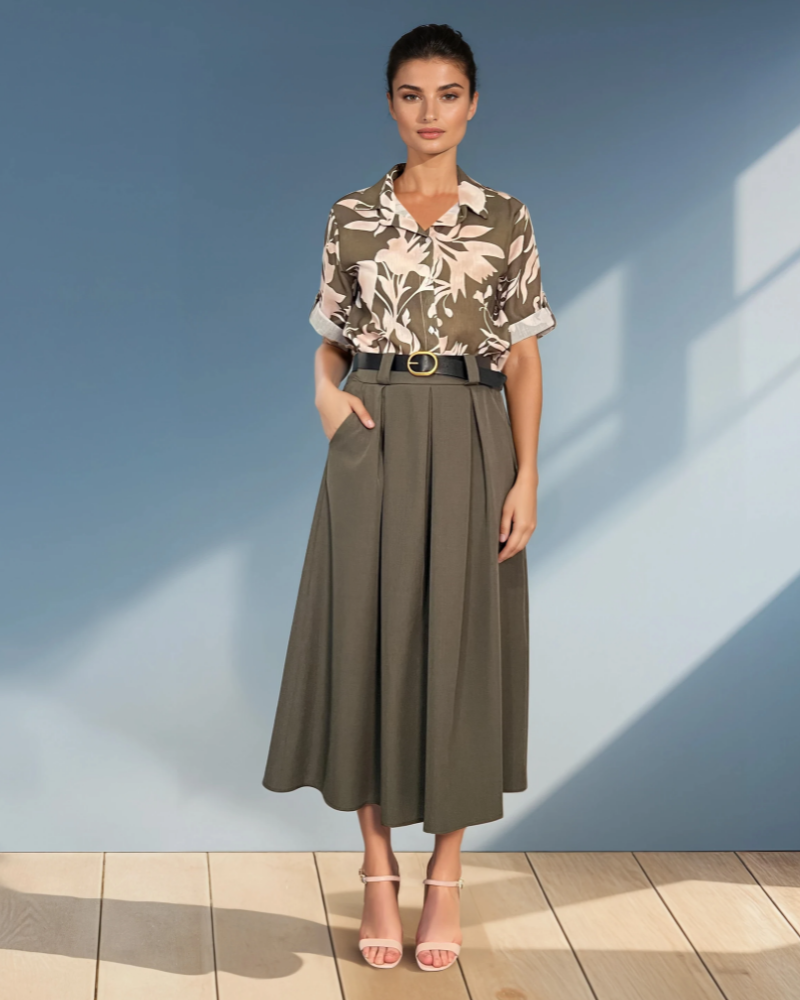 Cămașă mânecă scurtă cu print floral kaki HL032
