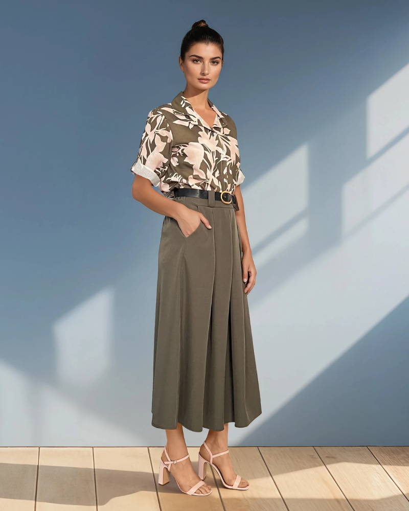 Cămașă mânecă scurtă cu print floral kaki HL032