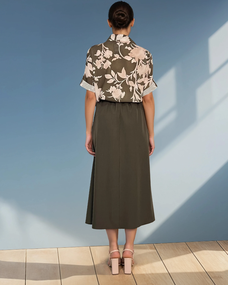 Cămașă mânecă scurtă cu print floral kaki HL032