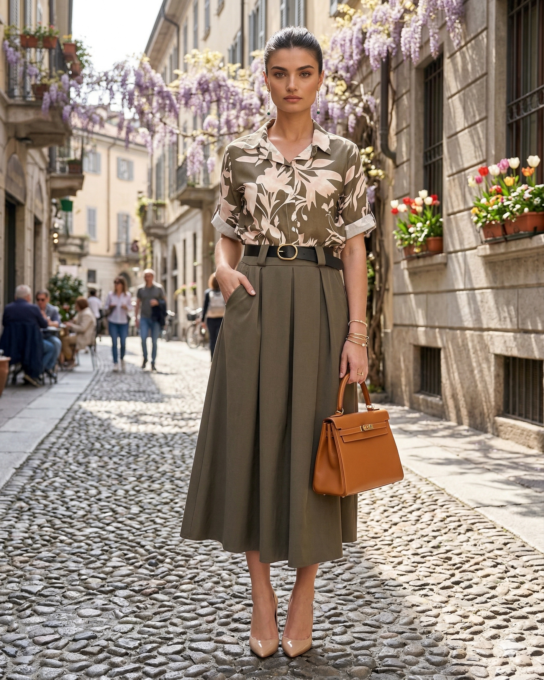 Cămașă mânecă scurtă cu print floral kaki HL032