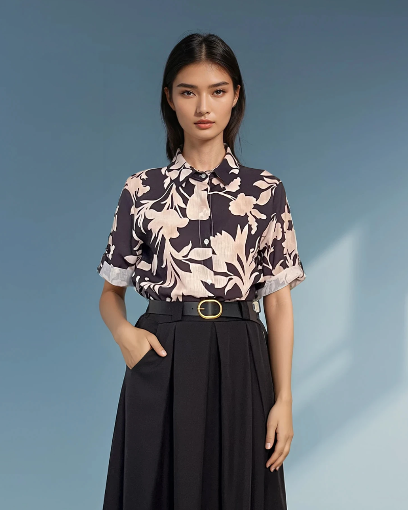 Cămașă mânecă scurtă cu print floral negru HL032