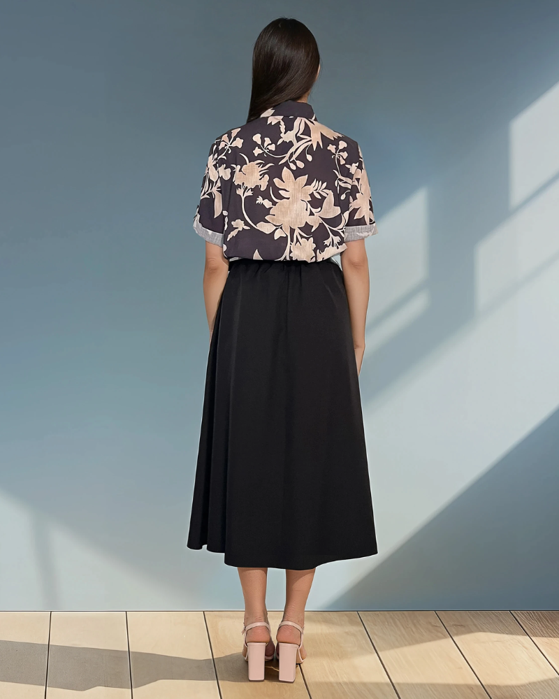 Cămașă mânecă scurtă cu print floral negru HL032