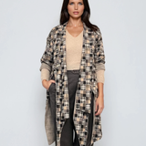 Cardigan lung cu șlițuri laterale și imprimeu geometric mic beige 