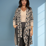 Cardigan lung cu șlițuri laterale și imprimeu geometric mic beige 