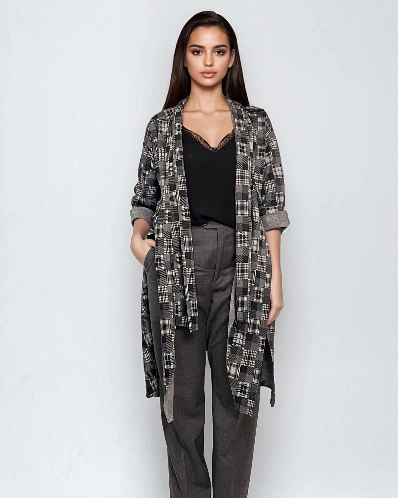 Cardigan lung cu șlițuri laterale și imprimeu geometric mic gri 