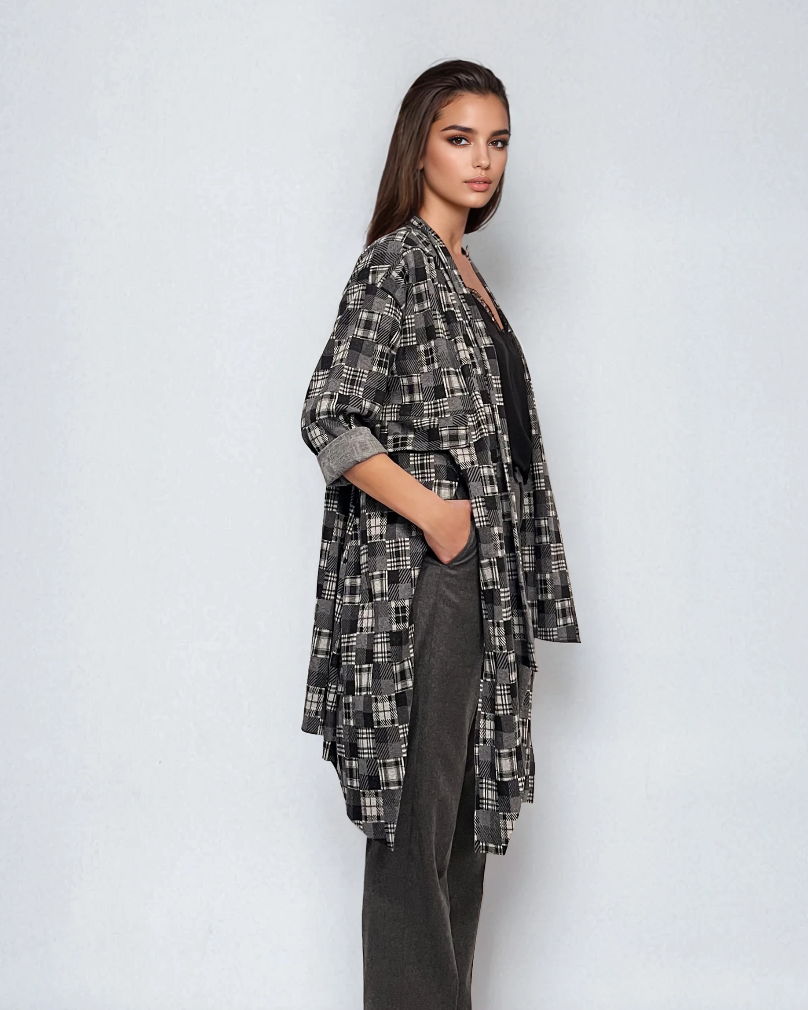 Cardigan lung cu șlițuri laterale și imprimeu geometric mic gri 