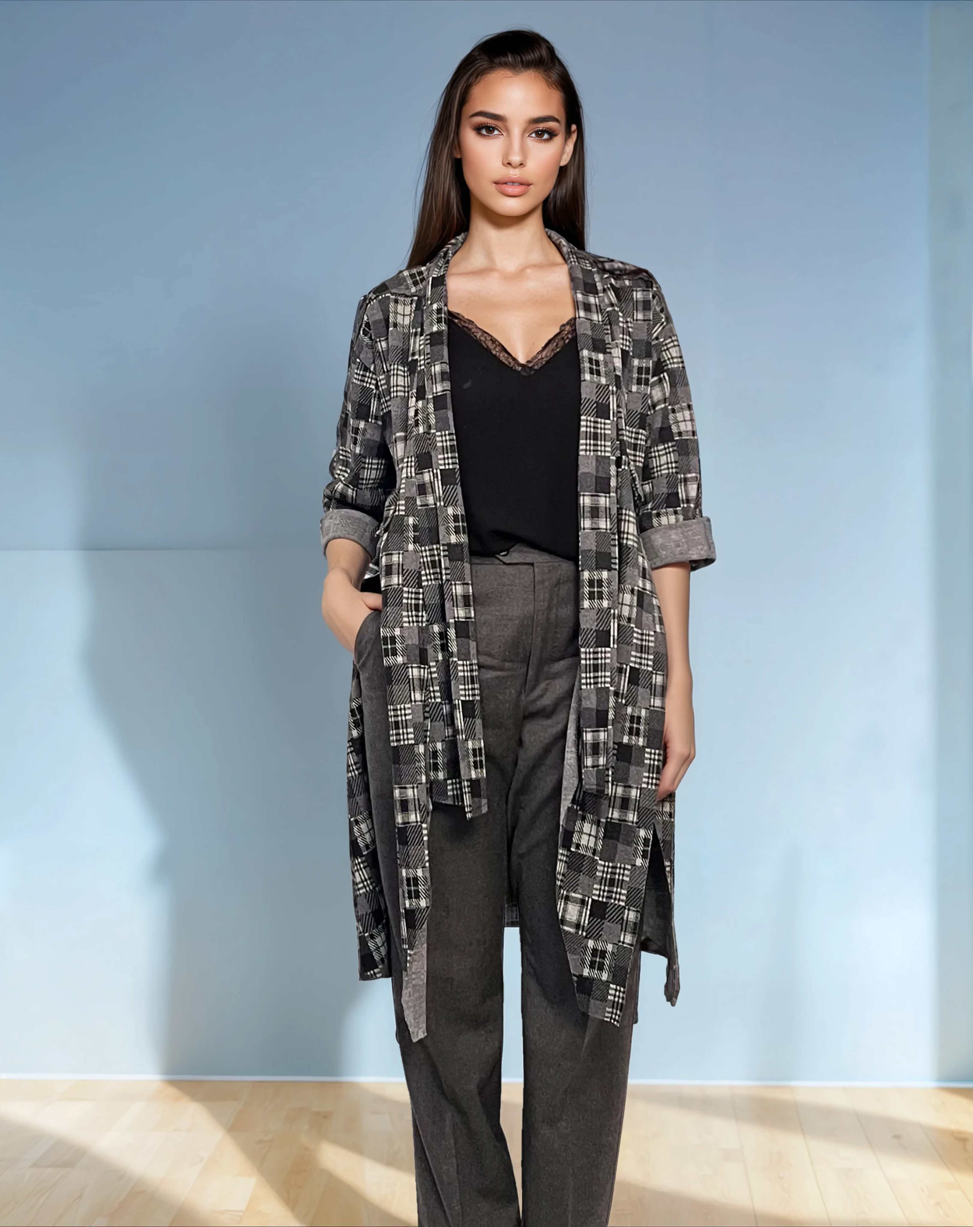 Cardigan lung cu șlițuri laterale și imprimeu geometric mic gri 