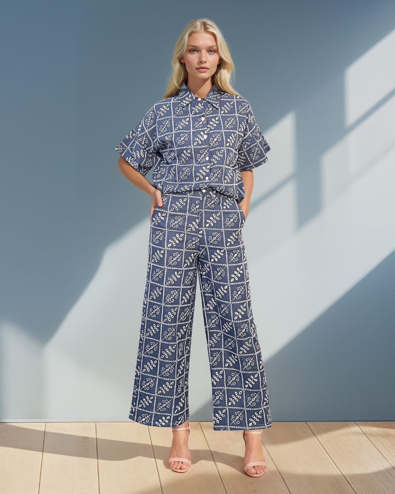 Compleu brodat cămașă și pantaloni albastru HL065