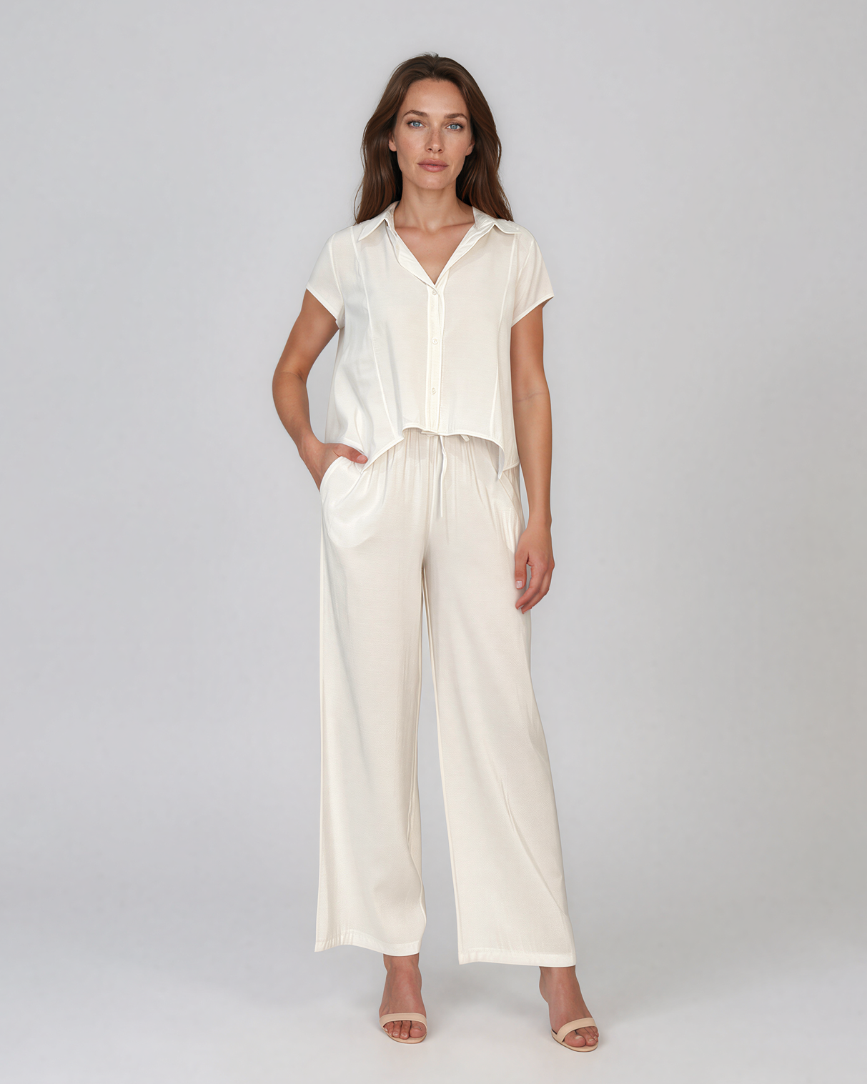 Compleu din vâscoză cu cămașă și pantaloni lejeri alb HL213