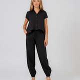 Compleu din vâscoză cu cămașă și pantaloni lejeri negru HL213