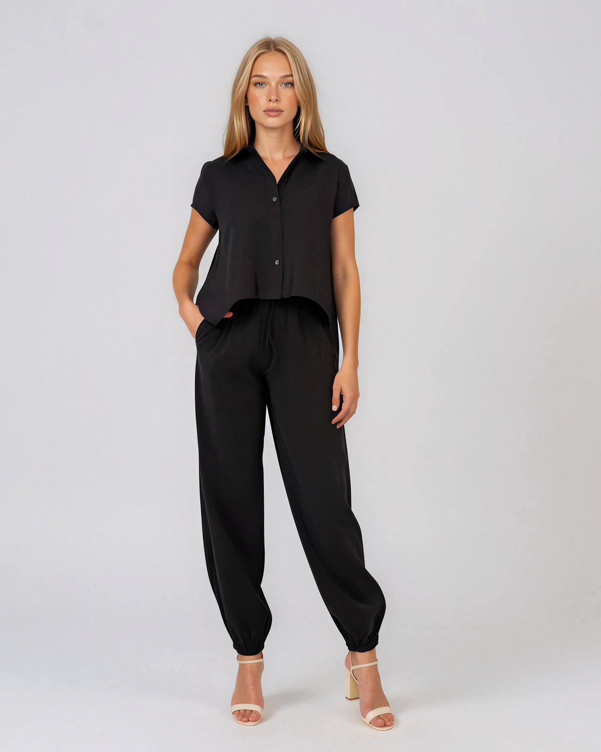 Compleu din vâscoză cu cămașă și pantaloni lejeri negru HL213