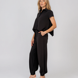 Compleu din vâscoză cu cămașă și pantaloni lejeri negru HL213