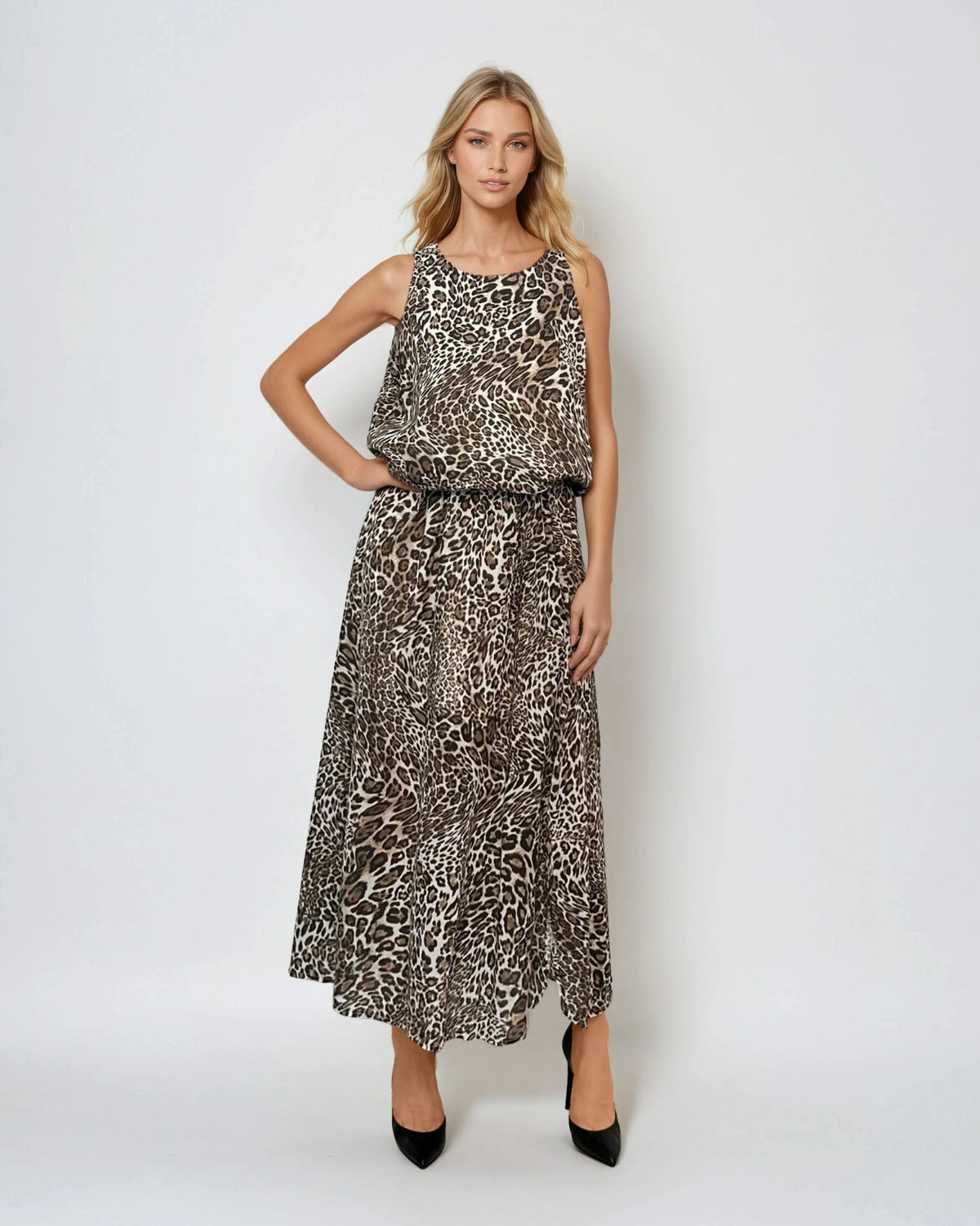 Compleu maieu și fustă largă animal print cu crăpătură animal print 